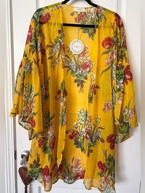 Umgee Floral Kimono Duster Yellow Boho Sheer Cardigan NWT 1X 2X Plus